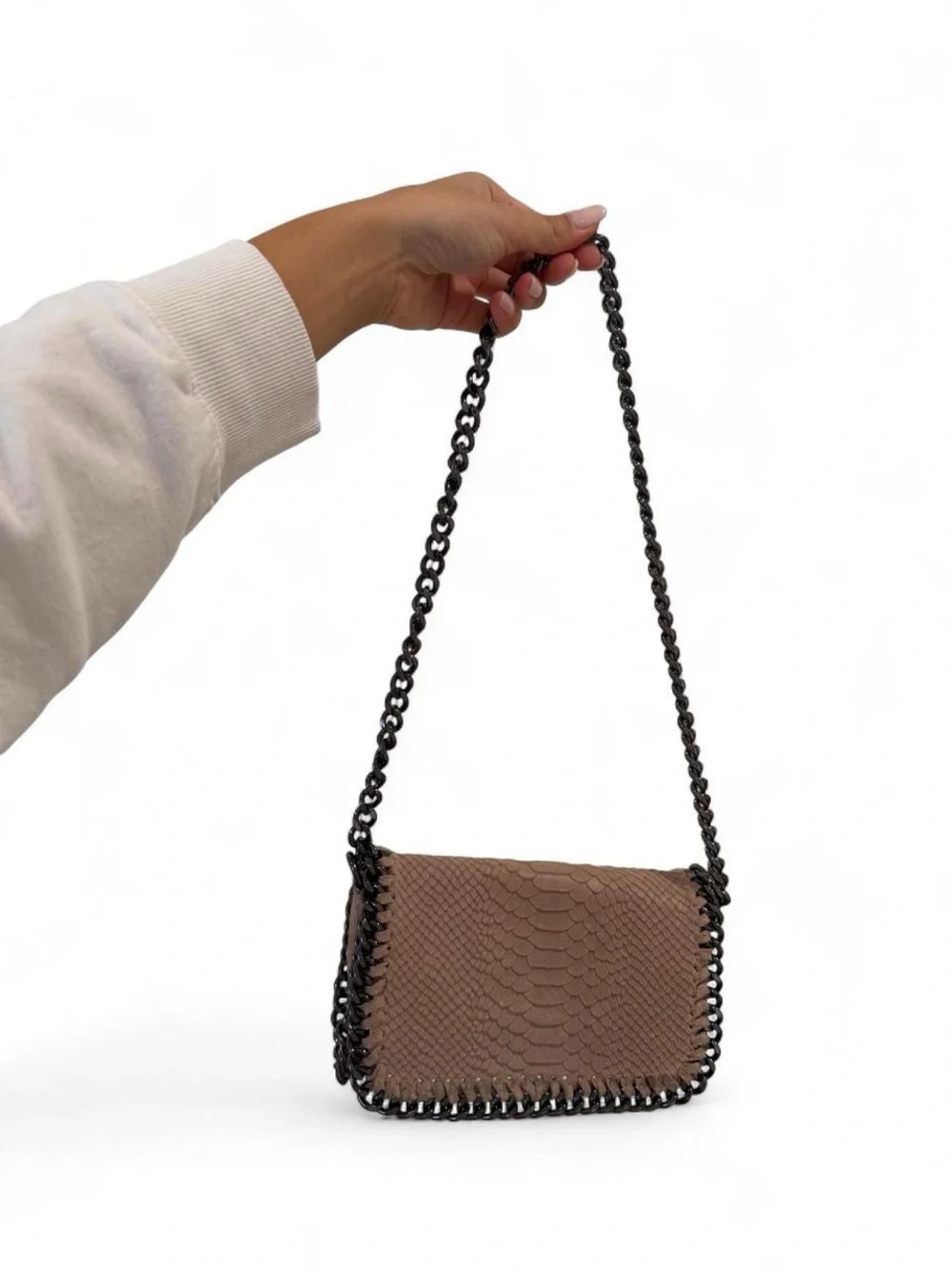 Brown Chain-Trim Python-Print Clutch